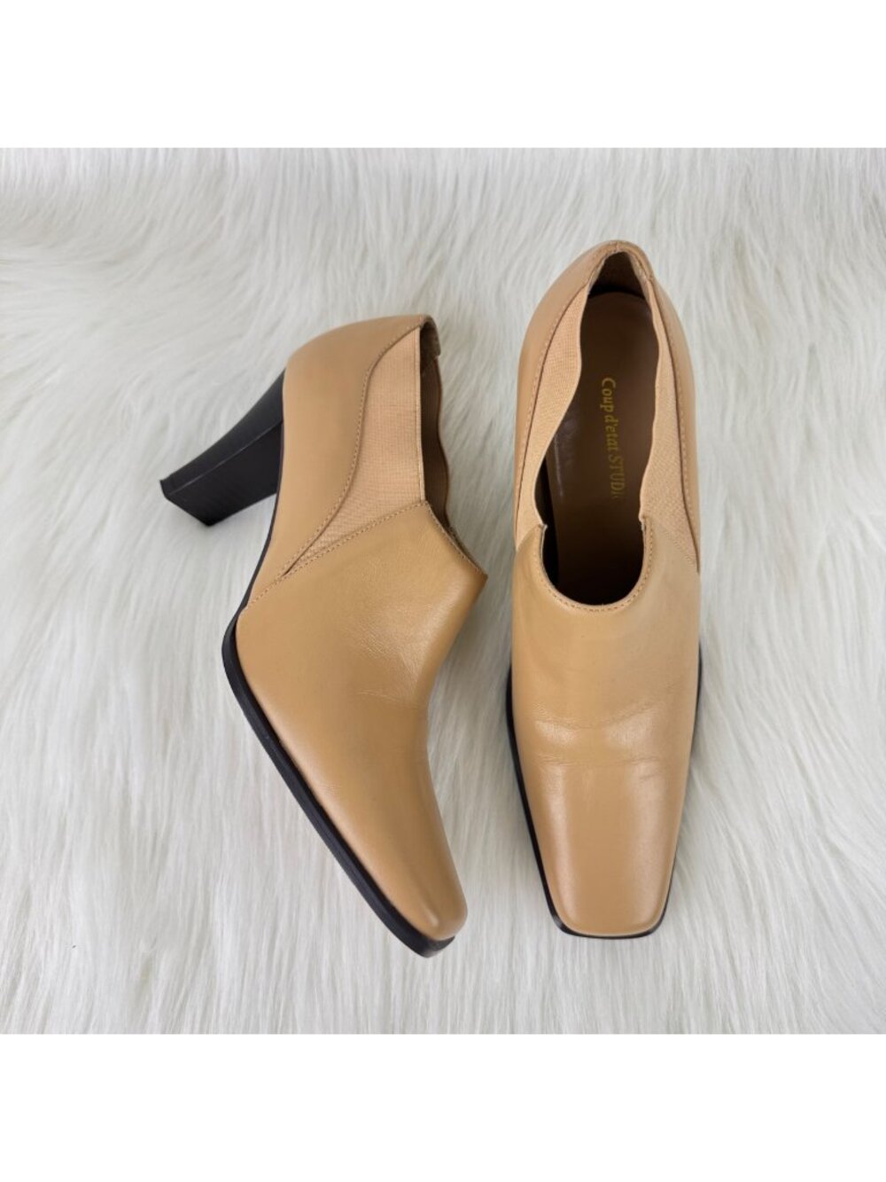 Coup d’Etat Studio Tan Leather Ankle Booties Square Toe Heel Shoes Boot Sz US 7M